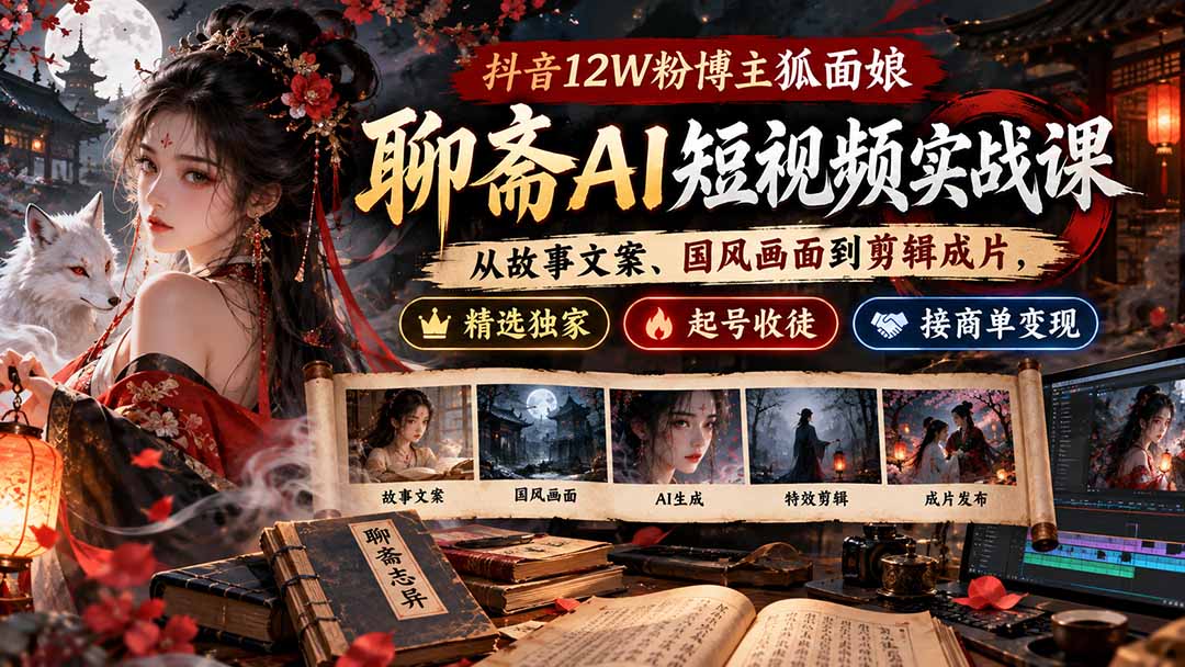 (20639期)抖音12W粉博主狐面娘-聊斋AI短视频实战课:从故事文案、国风画面到剪辑成片,精选独家+起号收徒+接商单变现网创吧-网创项目资源站-副业项目-创业项目-搞钱项目网创吧