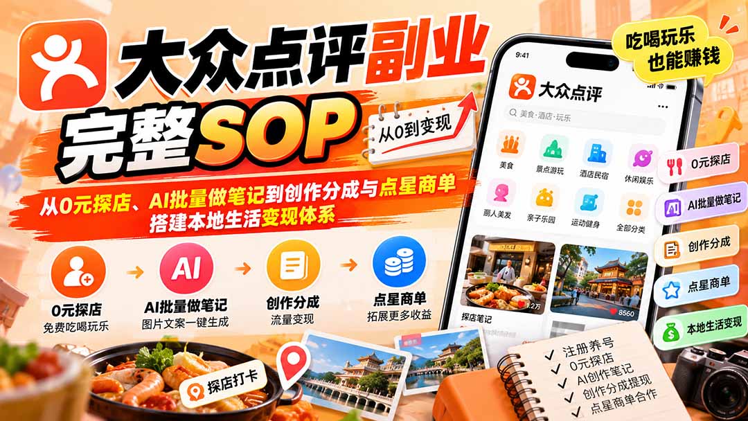 (20638期)【无水印】大众点评副业完整SOP:从0元探店、AI批量做笔记到创作分成与点星商单,搭建本地生活变现体系网创吧-网创项目资源站-副业项目-创业项目-搞钱项目网创吧