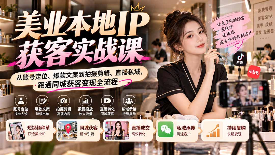 (20640期)【无水印】美业本地IP获客实战课:从账号定位、爆款文案到拍摄剪辑、直播私域,跑通同城获客变现全流程网创吧-网创项目资源站-副业项目-创业项目-搞钱项目网创吧