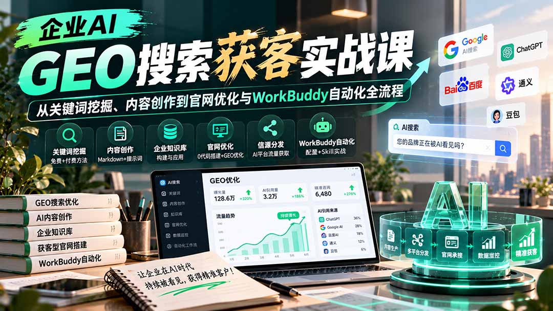 (20643期)企业AI GEO搜索获客实战课:从关键词挖掘、内容创作到官网优化与WorkBuddy自动化全流程网创吧-网创项目资源站-副业项目-创业项目-搞钱项目网创吧
