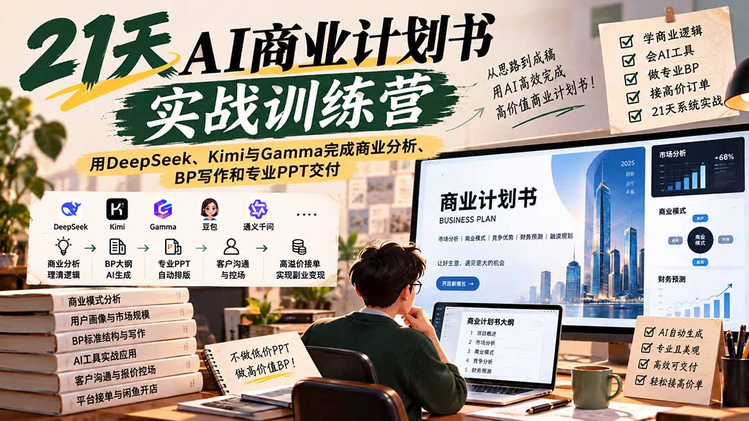 (20637期)【无水印】21天AI商业计划书实战训练营:用DeepSeek、Kimi与Gamma完成商业分析、BP写作和专业PPT交付网创吧-网创项目资源站-副业项目-创业项目-搞钱项目网创吧