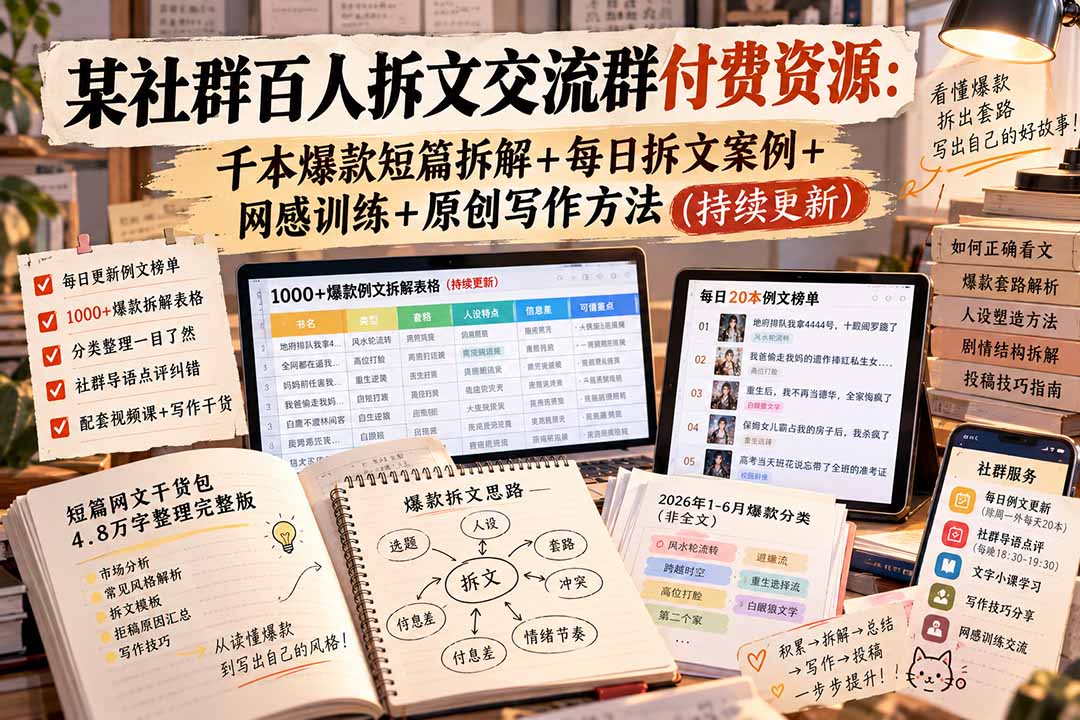 (20635期)某社群百人拆文交流群付费资源:千本爆款短篇拆解+每日拆文案例+网感训练+原创写作方法 (持续更新)网创吧-网创项目资源站-副业项目-创业项目-搞钱项目网创吧