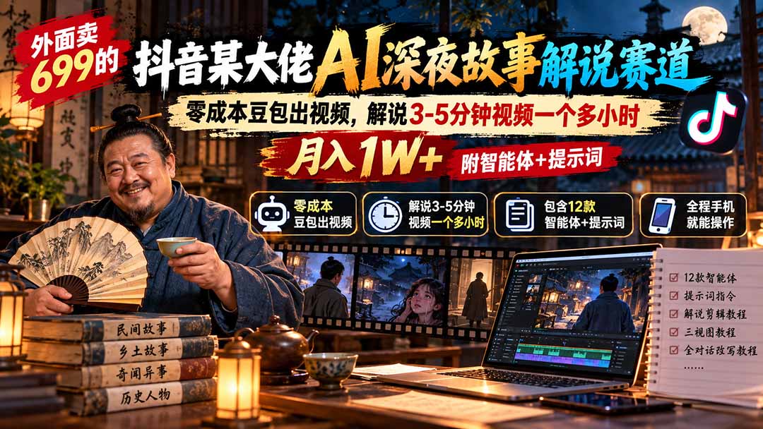 (20853期)外面卖699抖音某大佬AI深夜故事解说赛道-更新:0成本豆包出视频+解说3-5分钟视频一个多小时,月入1W+附智能体+提示词-网创吧